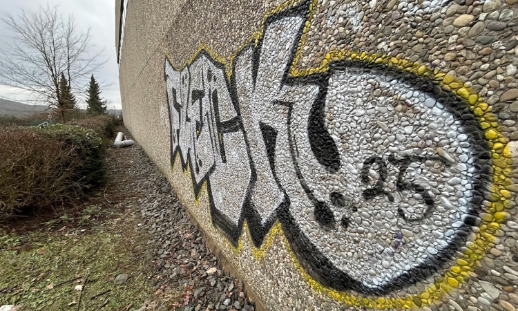 Außenfassade der Sporthalle mit Graffiti beschmiert